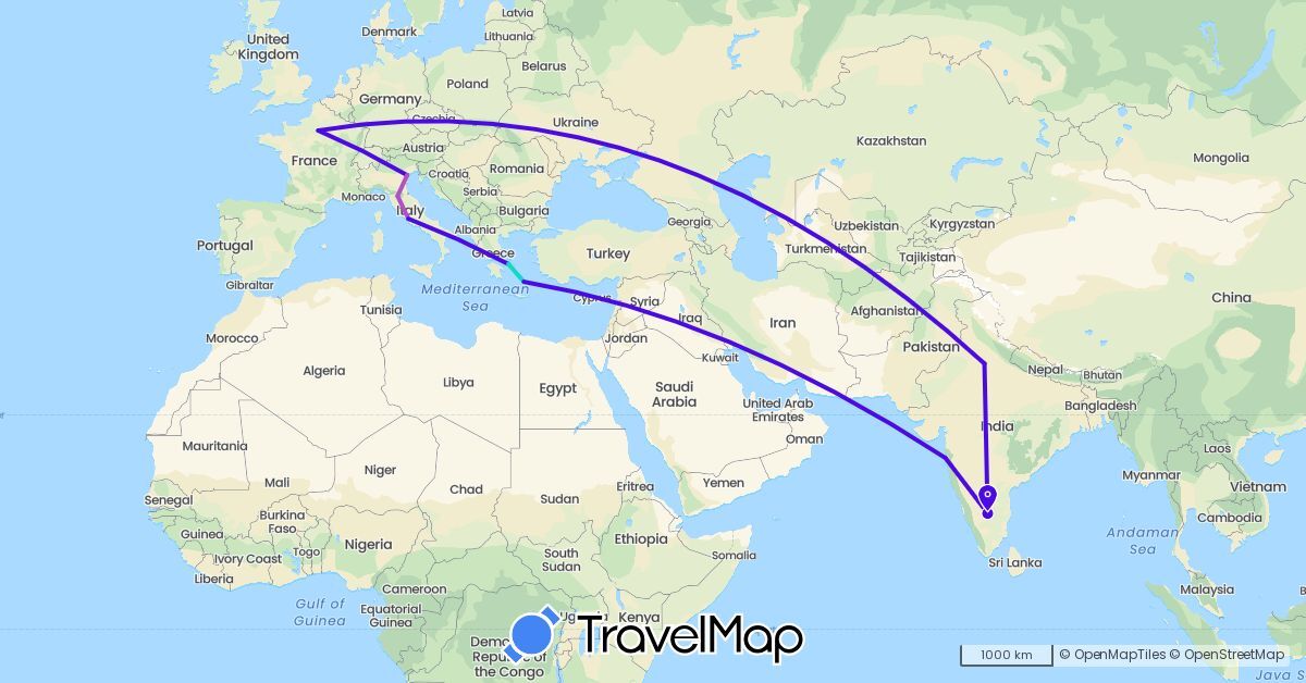 TravelMap itinerary: train, flight, ferry in France, Greece, India, Italy (Asia, Europe)